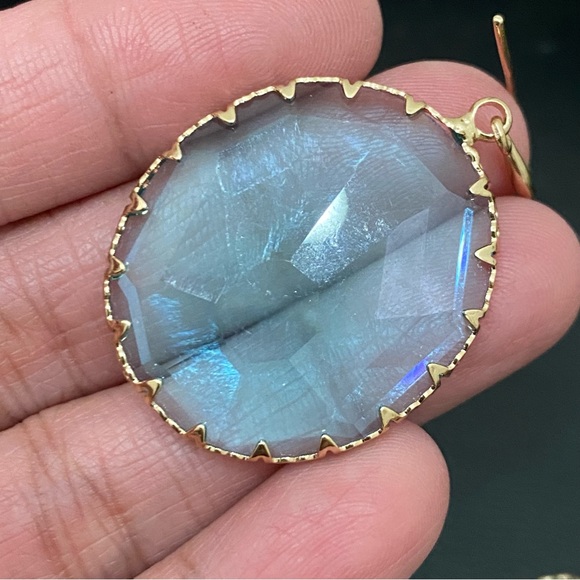 Unsigned Blue Topaz Faceted Glass Round Bezel Drop Earrings 11.8g - Picture 9 of 15